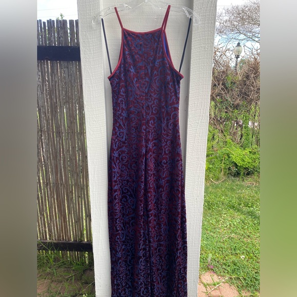 Vintage CDC 90s Prom Dress Maxi Gown Burnout Velvet Filigree Wine Blue USA -Sz 6 - Picture 3 of 10